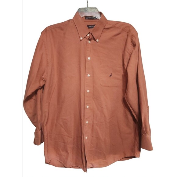 Nautica Men’s Button Up Shirt Rust Orange Long Sleeve 100% Cotton 16.5 32/33 - Picture 1 of 6